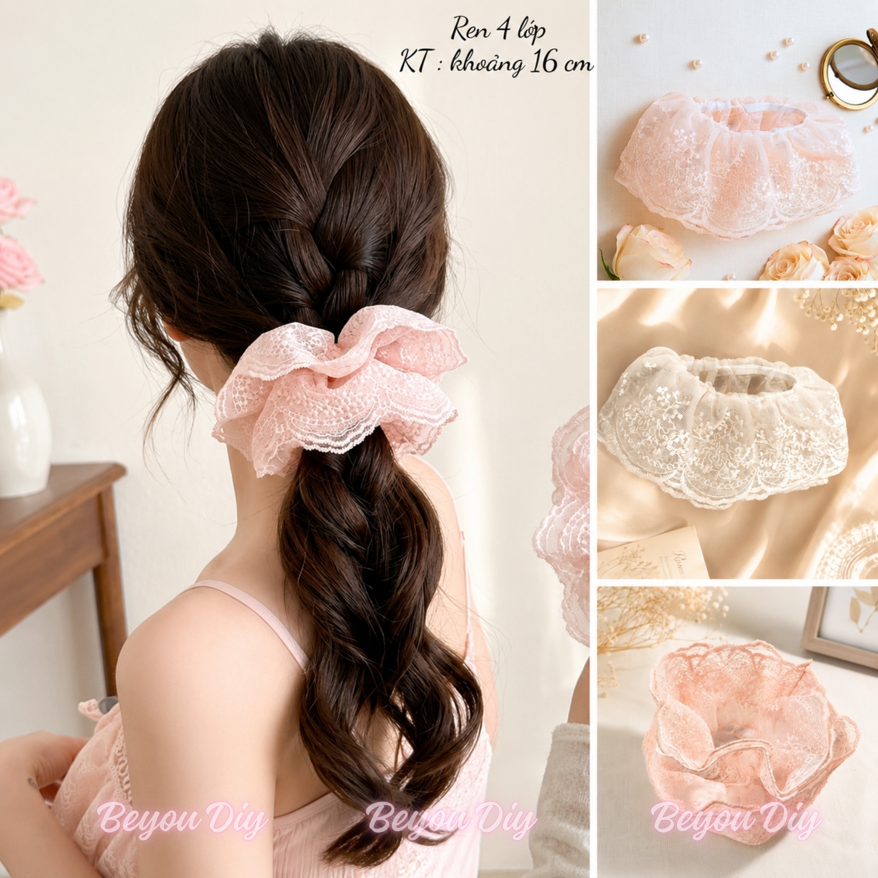 Dây Buộc Tóc Scrunchies Phối Ren Nơ Ruy Băng Phong Cách Tiểu Thư Vintage