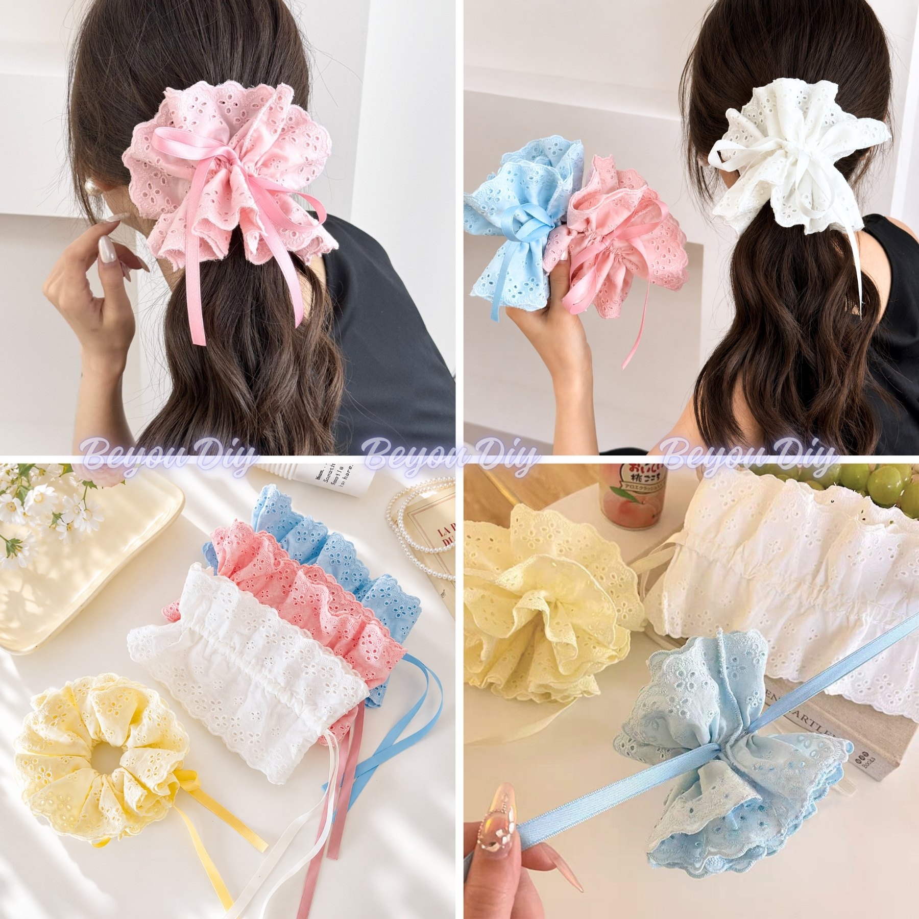 Dây Buộc Tóc Scrunchies Phối Ren Nơ Ruy Băng Phong Cách Tiểu Thư Vintage