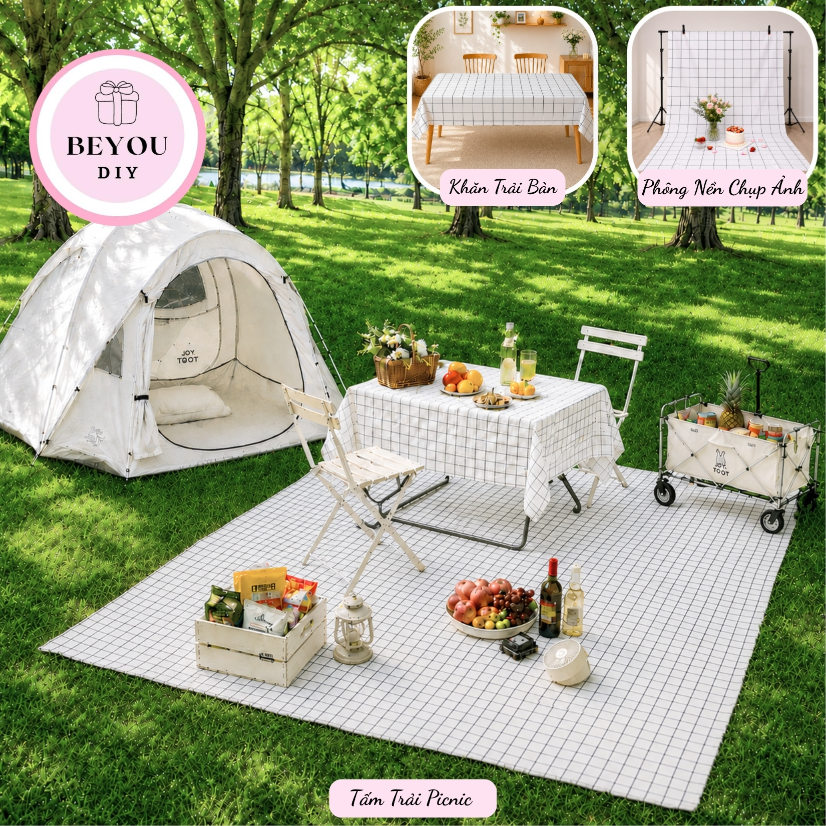 Khăn Trải Bàn Caro, Thảm Picnic Nhựa PVC Chống Thấm Mỏng Nhẹ, Khăn Trải Dã Ngoại, Phông Nền Chụp Ảnh