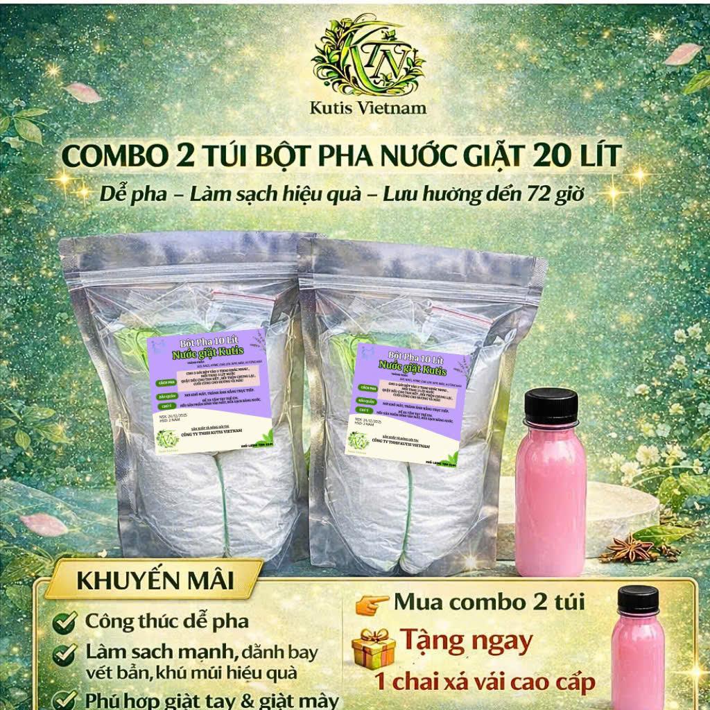 [Lưu hương 72h] COMBO 2 TÚI BỘT PHA 20 LÍT NƯỚC GIẶT TỰ PHA TẠI NHÀ LÀM SẠCH HIỆU QUẢ DỄ PHA LƯU HƯƠNG THƠM DAI (2 set bột pha tặng kèm xả vải dùng thử 100ml)