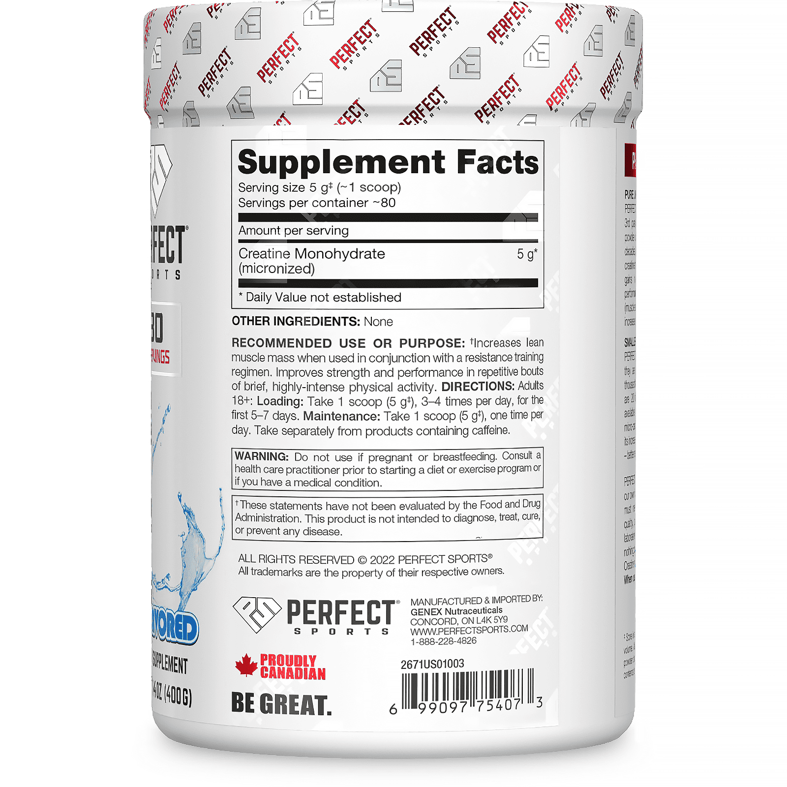 Perfect Sport - Creatine Monohydrate - 400g - 80 Lần dùng - Không vị (Unflavor)