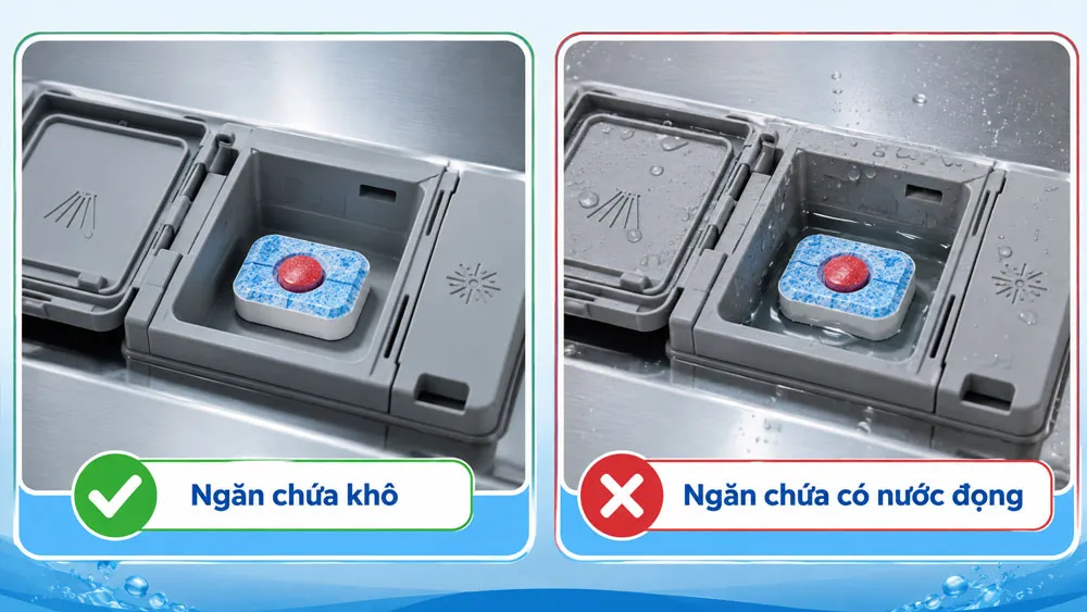 So sánh ngăn chứa viên rửa bát khô và bị đọng nước