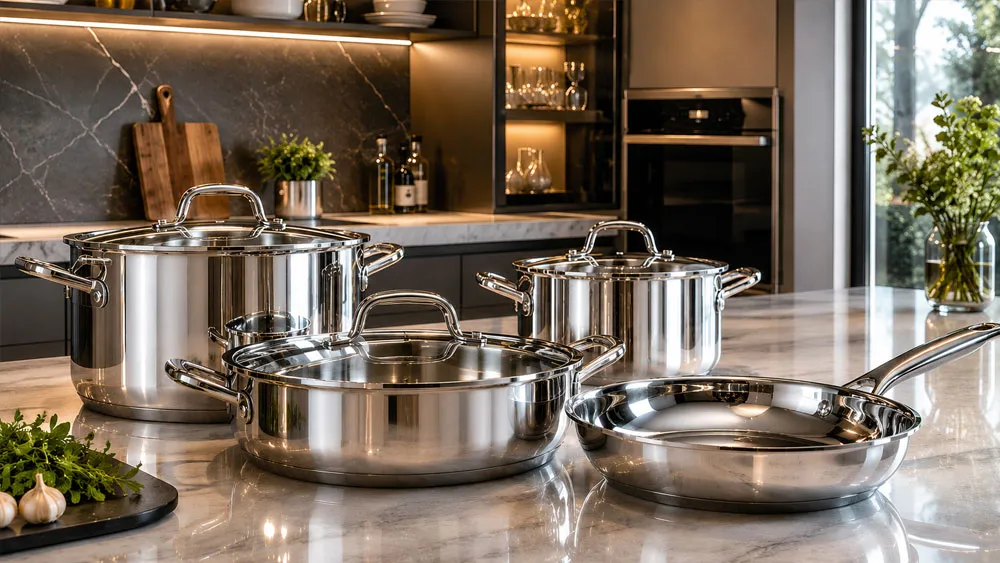 Bề mặt inox phản chiếu ánh sáng đẹp trong không gian bếp cao cấp