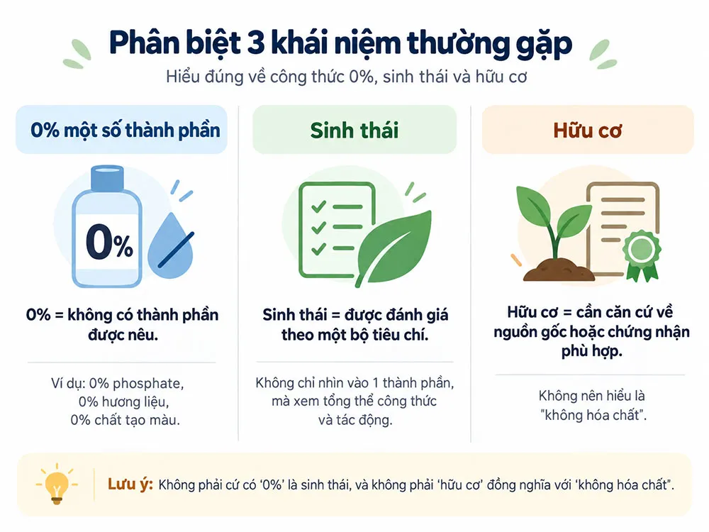 Phân biệt gel rửa chén sinh thái, hữu cơ và công thức 0% thành phần.