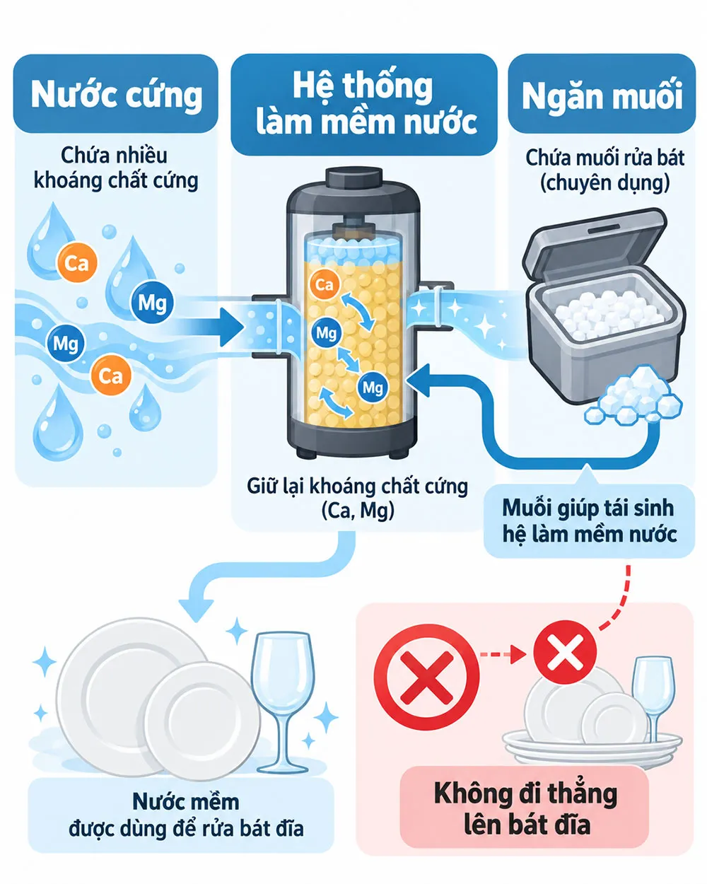 Cách ngăn muối hỗ trợ hệ thống làm mềm nước của máy rửa bát