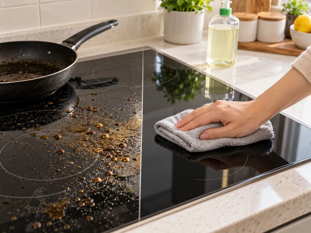 Làm sạch dầu mỡ trên mặt bếp bằng khăn mềm và sản phẩm vệ sinh phù hợp