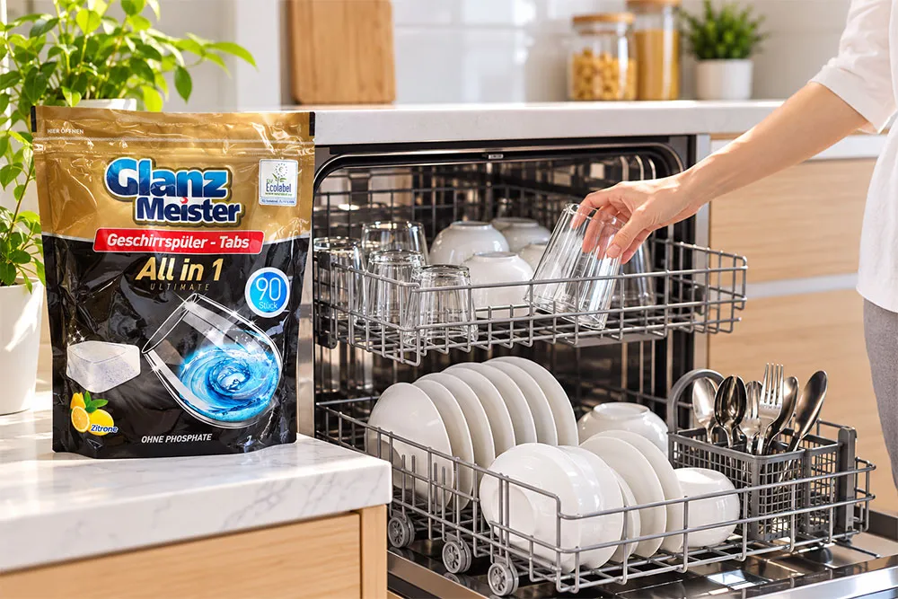 Bát đĩa sạch bóng khi sử dụng máy rửa bát và viên rửa Glanz Meister đúng cách