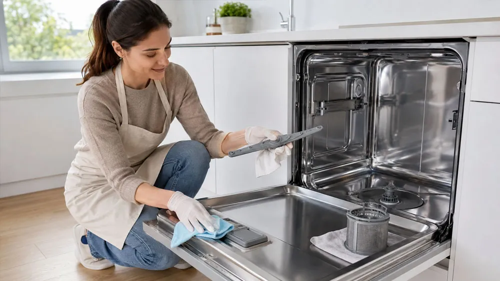 Vệ sinh ngăn chứa và cánh tay phun máy rửa bát