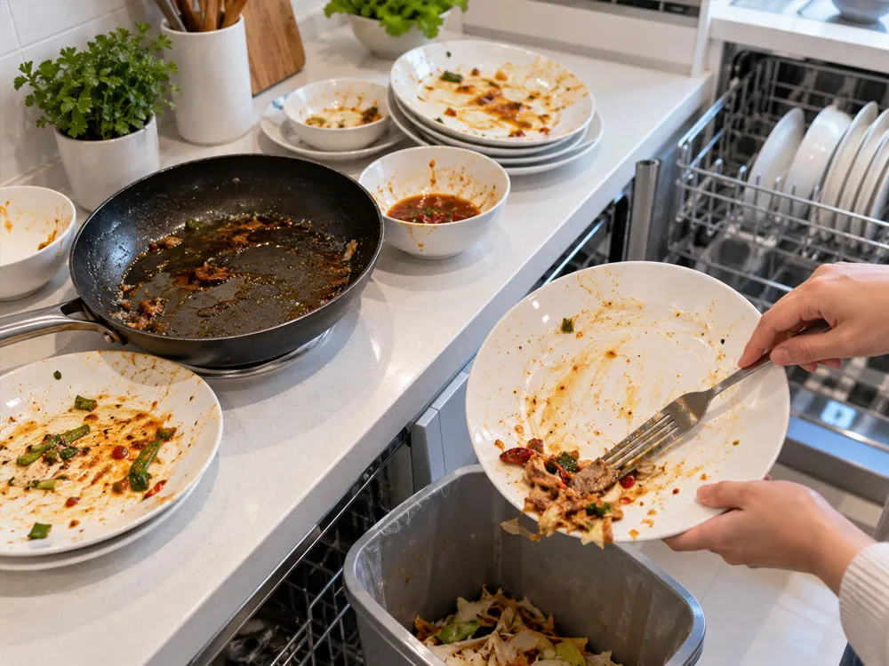 Bát đĩa nhiều dầu mỡ sau bữa ăn cần làm sạch bằng máy rửa bát