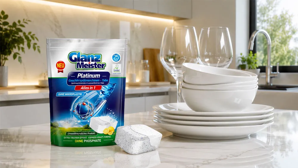 Viên rửa bát Eco bên cạnh bộ bát đĩa sạch bóng trong căn bếp hiện đại