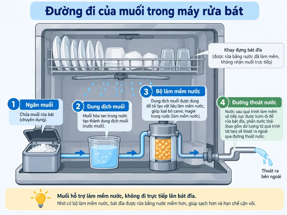Sơ đồ đường đi của muối máy rửa bát qua hệ thống làm mềm nước