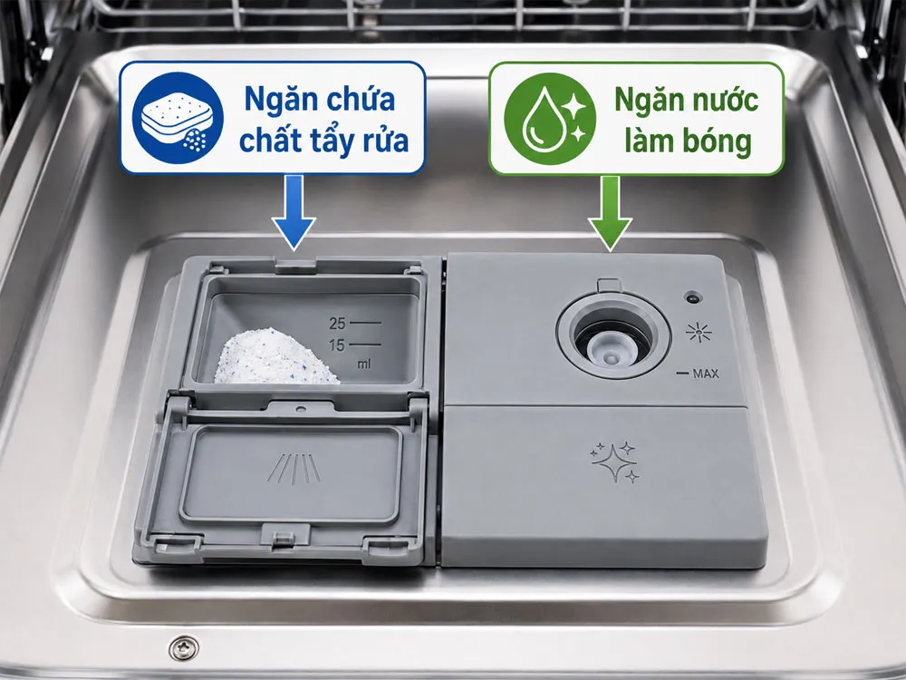 Đổ nước làm bóng vào ngăn nào của máy rửa bát