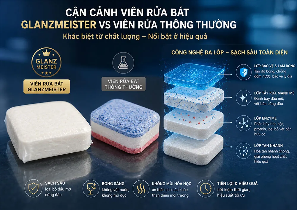 Viên rửa bát với công nghệ làm sạch đa lớp