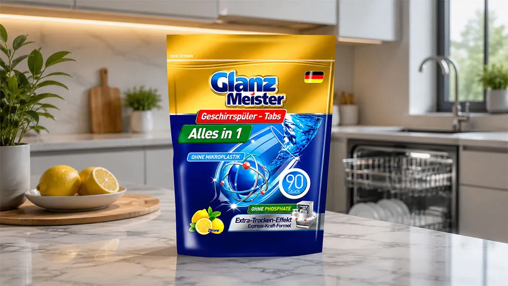 Túi viên rửa bát Glanz Meister All in One 90 viên trong căn bếp hiện đại