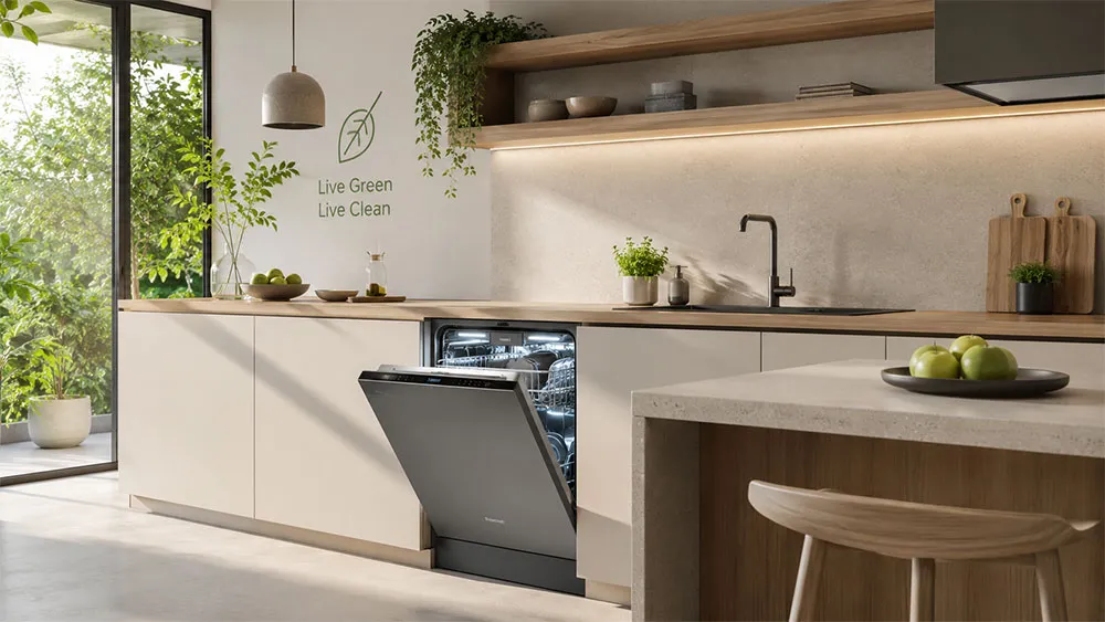 Không gian bếp hiện đại sử dụng máy rửa bát phong cách sống xanh