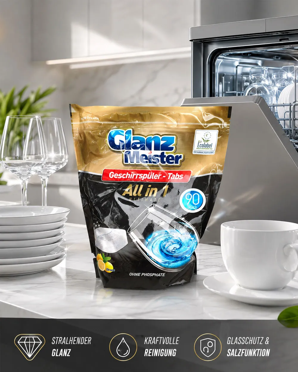 Viên rửa chén Glanz Meister Alles in 1 Ultimate 90 viên bên cạnh máy rửa chén