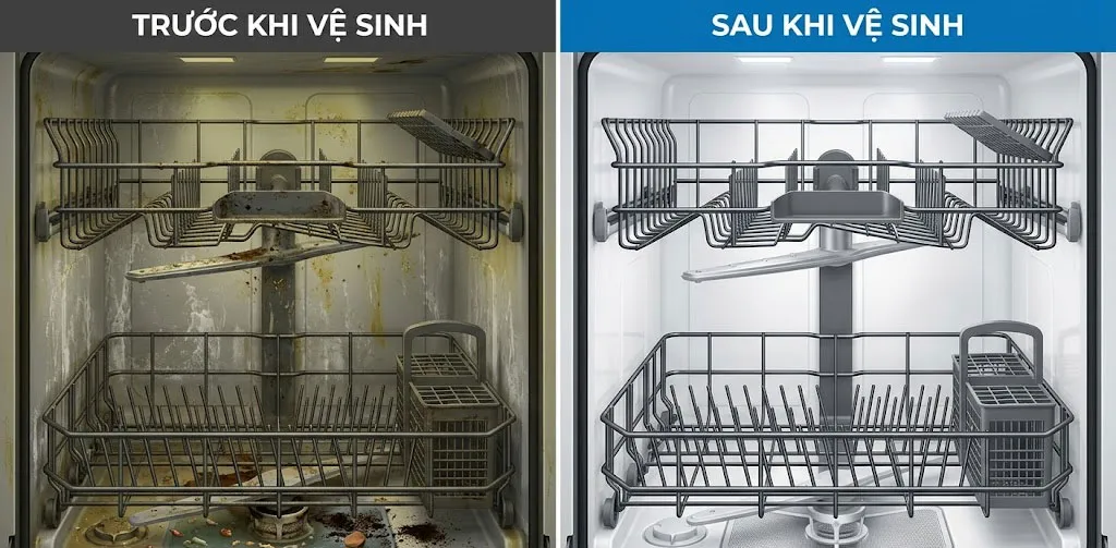 So sánh bên trong máy rửa chén trước và sau khi vệ sinh sạch sẽ