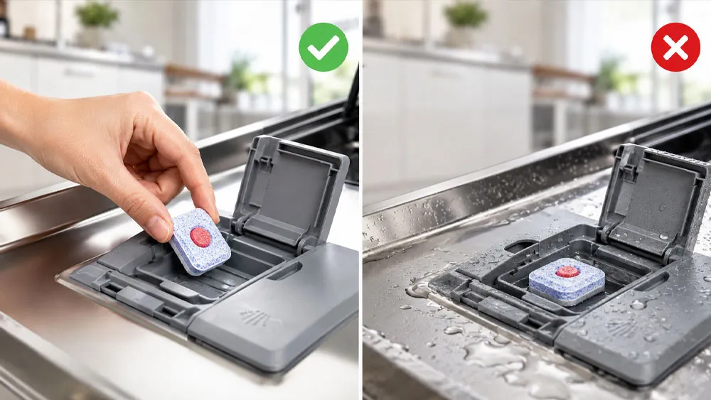 Đặt viên rửa bát vào ngăn chứa khô đúng cách