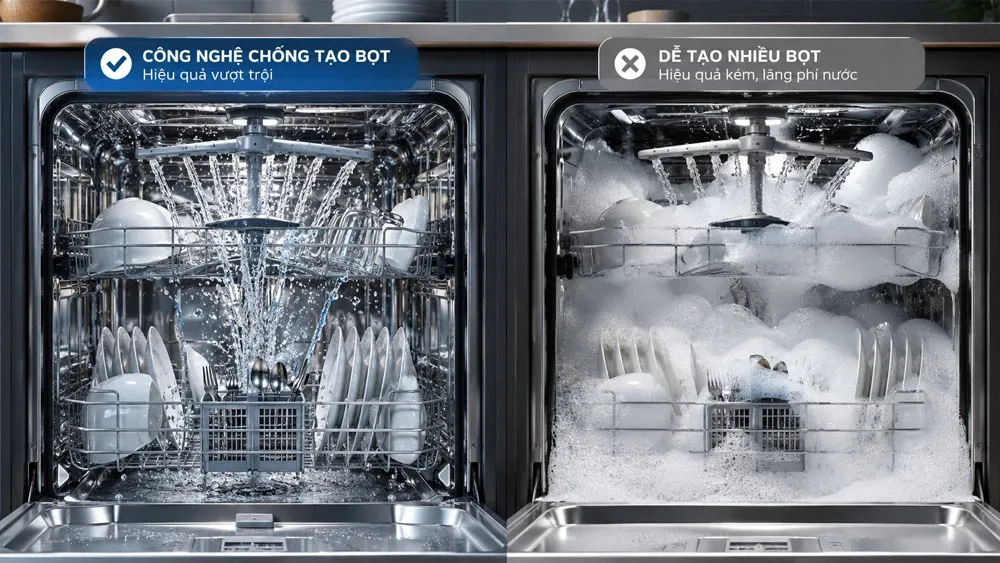 So sánh máy rửa bát ít bọt và máy rửa bát quá nhiều bọt