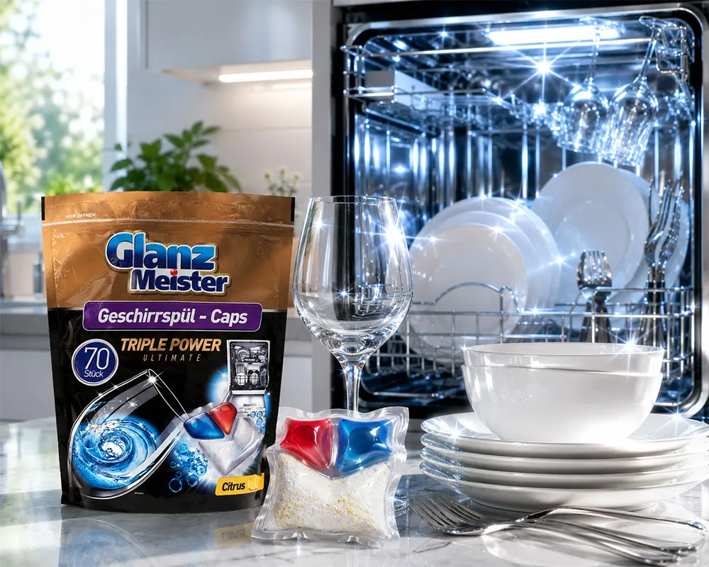 Viên rửa Glanz Meister giúp bát đĩa sạch bóng và khô nhanh