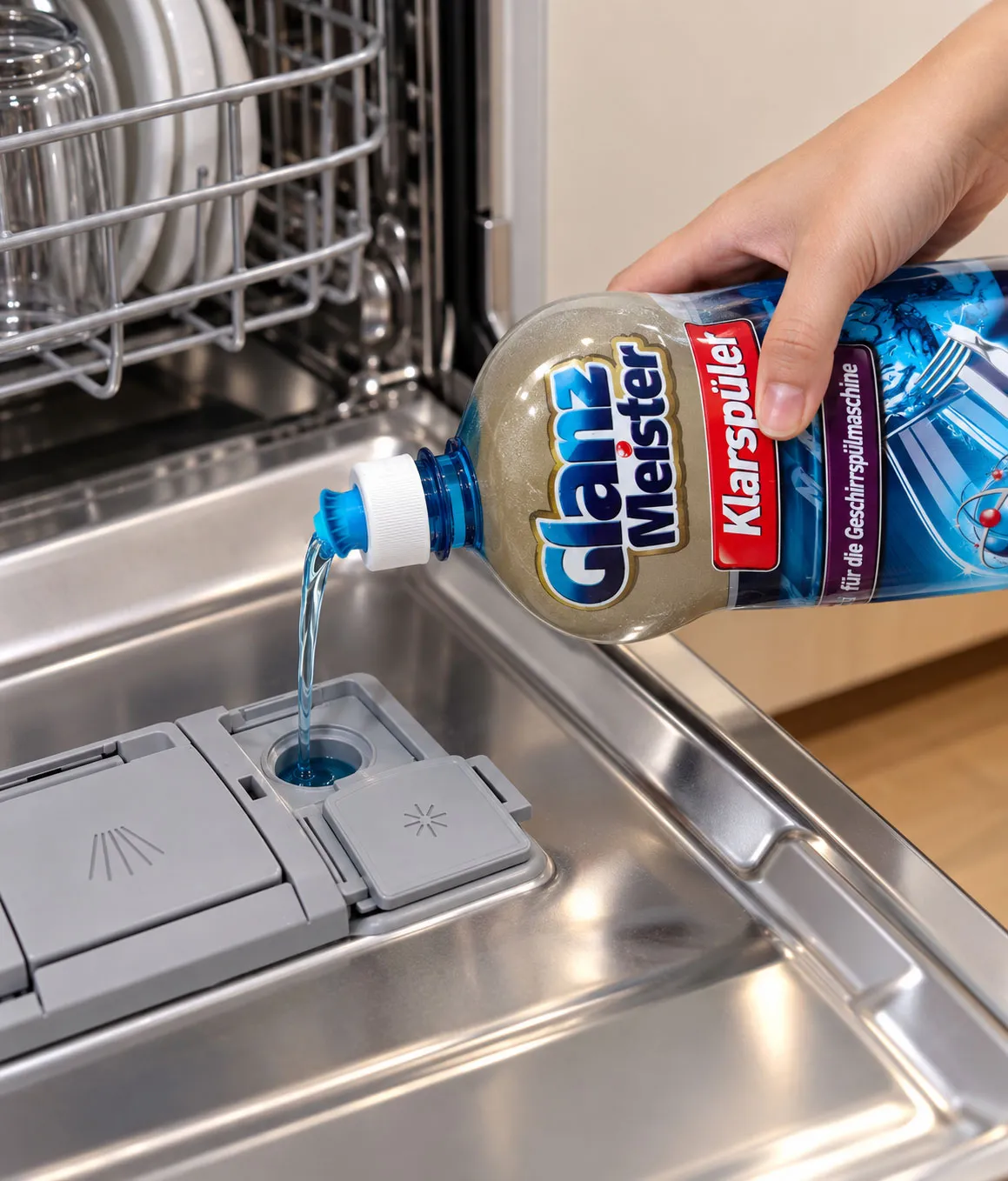 Cách đổ nước trợ xả vào ngăn chuyên dụng của máy rửa chén