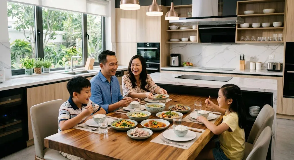 Gia đình dùng bữa trong không gian bếp sang trọng với cảm giác sạch sẽ và an toàn