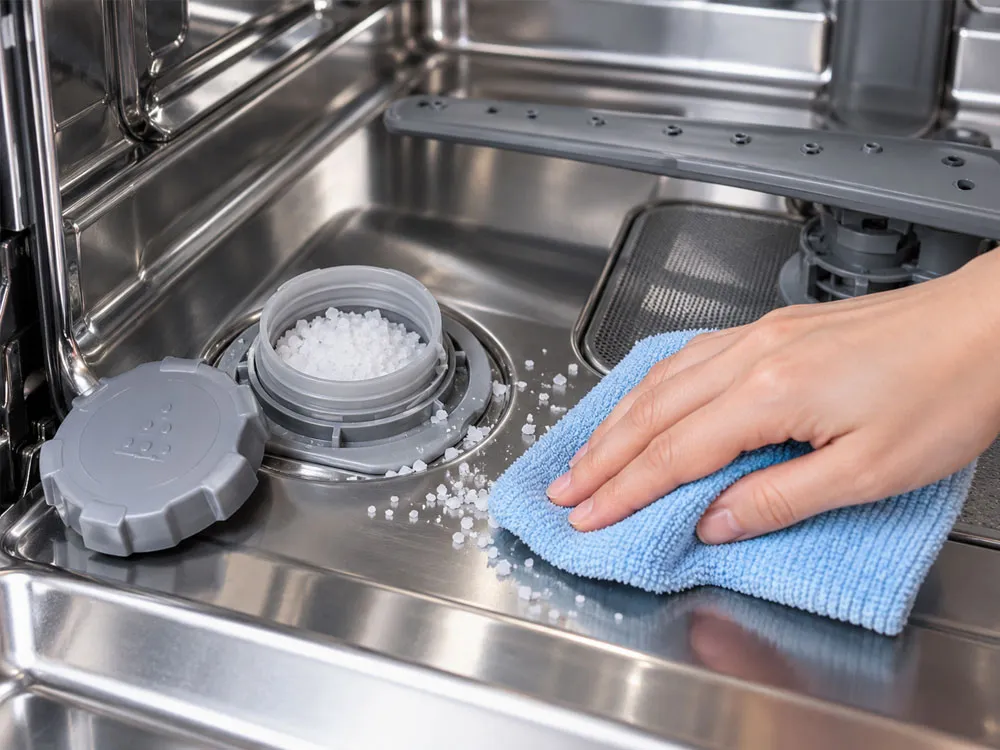 Lau sạch muối rơi ra ngoài sau khi đổ muối máy rửa bát