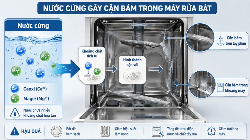 Quá trình nước cứng hình thành cặn vôi trong máy rửa bát
