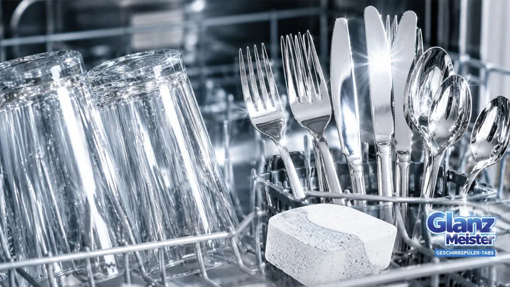 Ly thủy tinh và dao kéo inox sáng bóng sau khi rửa bằng Glanz Meister