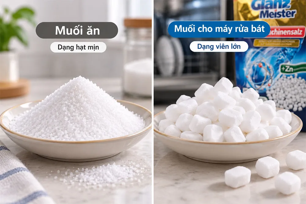 So sánh muối ăn và muối chuyên dụng cho máy rửa bát