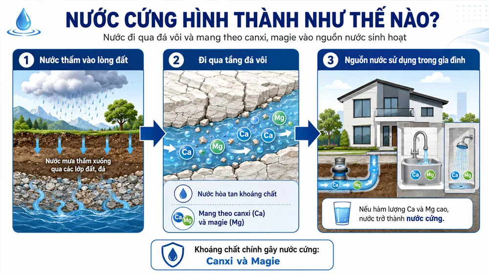 Minh họa nước cứng chứa canxi và magie trong nguồn nước gia đình