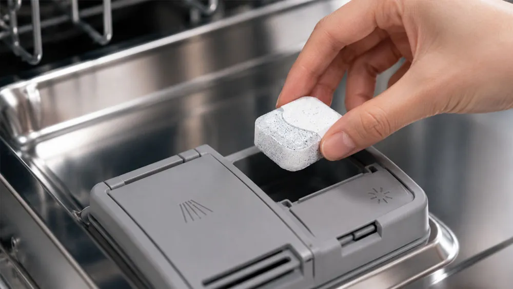 Viên rửa bát Eco được đặt vào ngăn chứa của máy rửa bát cao cấp