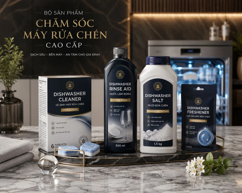 Bộ sản phẩm chăm sóc máy rửa chén sang trọng trong căn bếp hiện đại