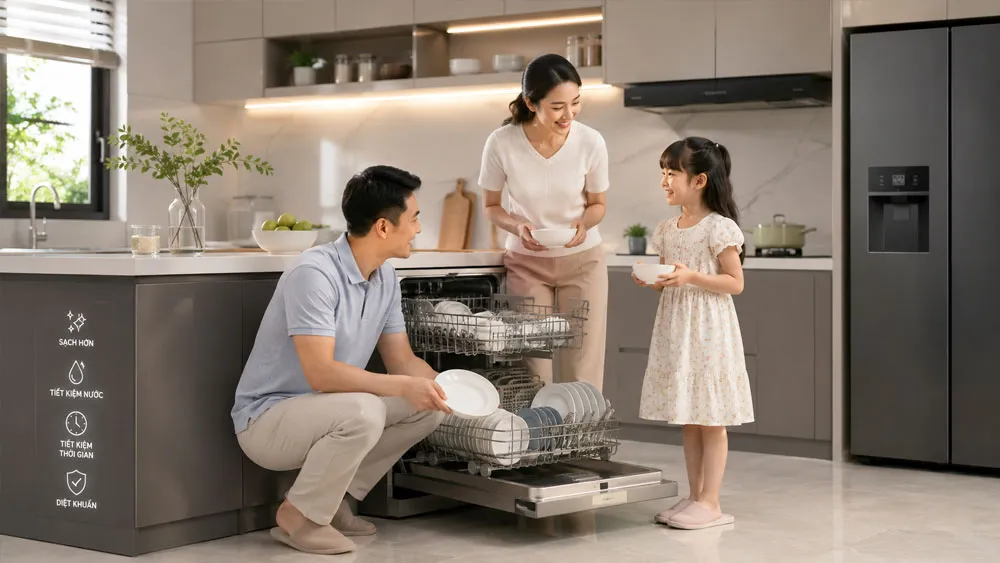 Gia đình sử dụng máy rửa bát cùng viên rửa bát hiệu suất cao Ultimate