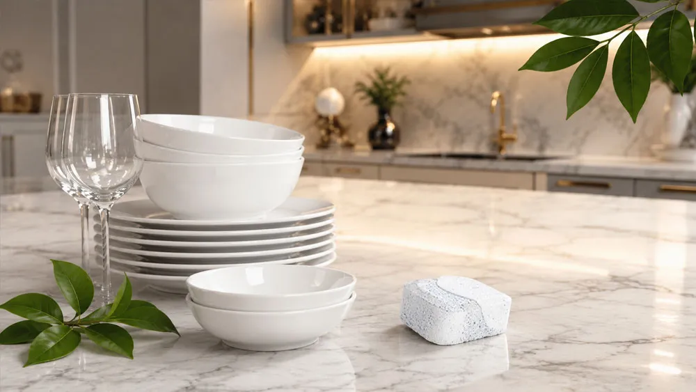 Viên rửa bát Glanz Meister đặt trên mặt đá bếp cùng lá xanh trang trí
