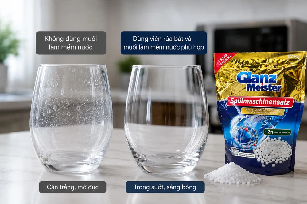 So sánh ly thủy tinh có cặn trắng và ly sạch trong sau khi rửa