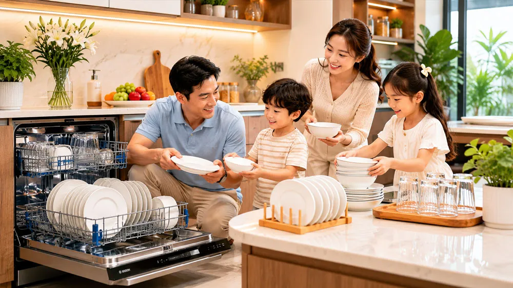 Gia đình sử dụng máy rửa bát với viên rửa bát Eco an toàn sức khỏe