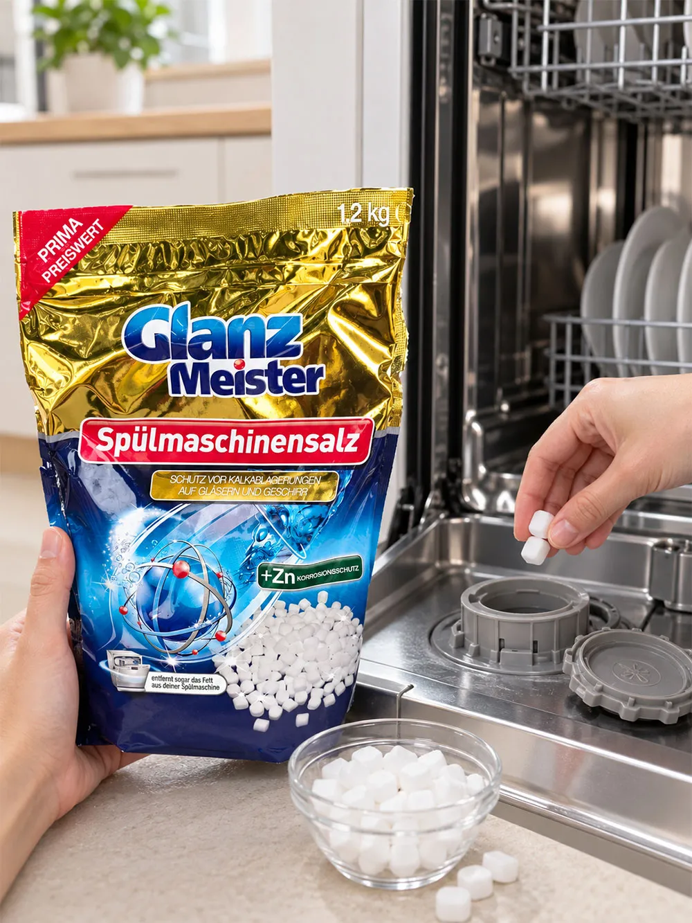 Muối cho máy rửa chén nén GlanzMeister 1.2kg dùng cho ngăn muối chuyên dụng
