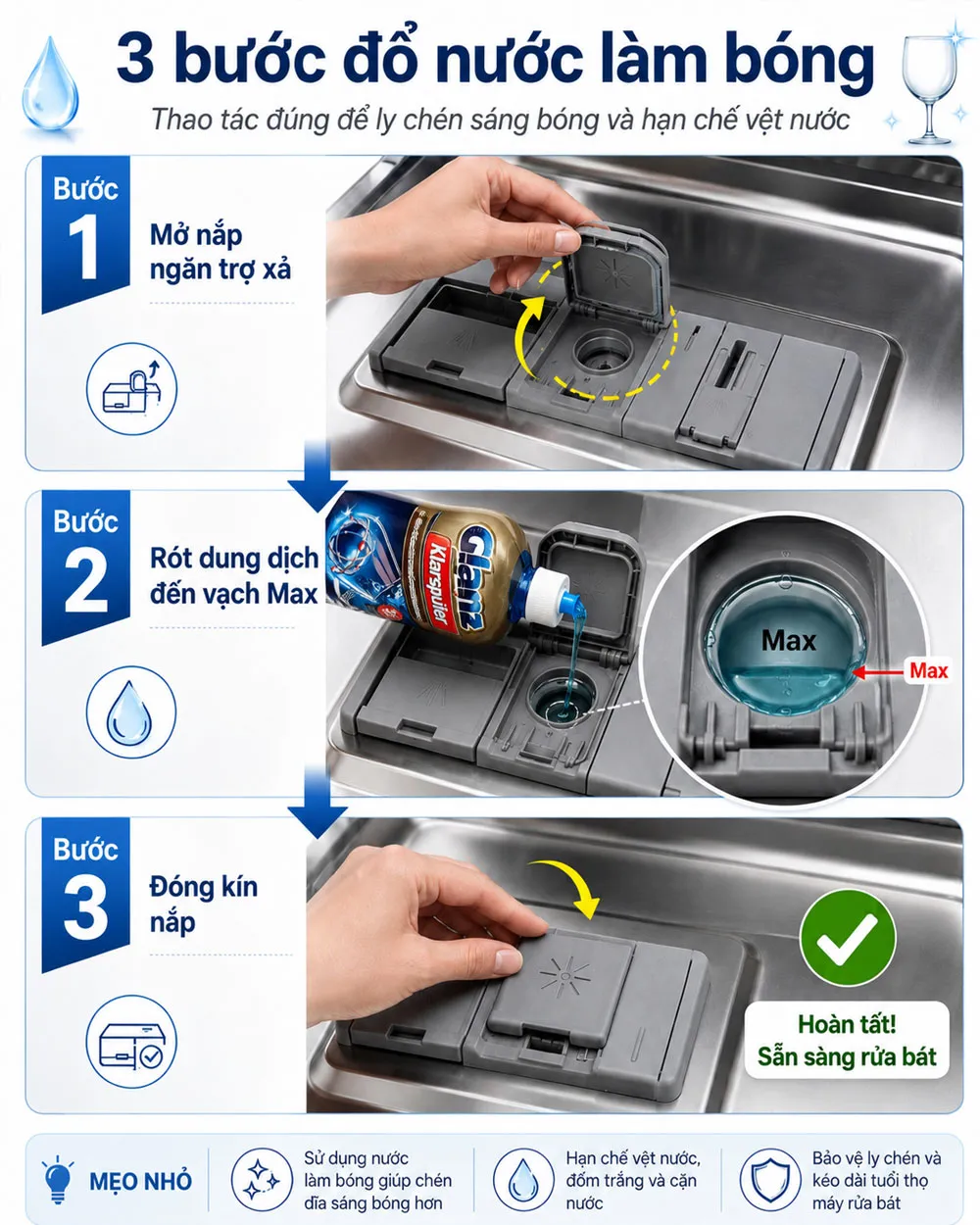 Cách đổ nước làm bóng vào máy rửa bát đúng cách