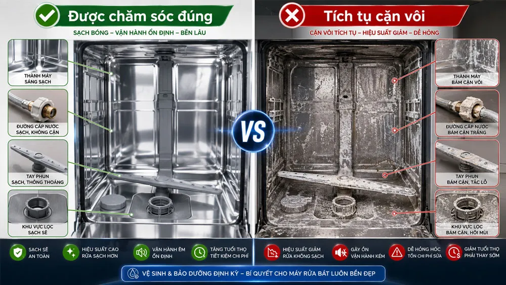 Cặn vôi tích tụ bên trong máy rửa bát khi hệ thống làm mềm nước hoạt động không tối ưu