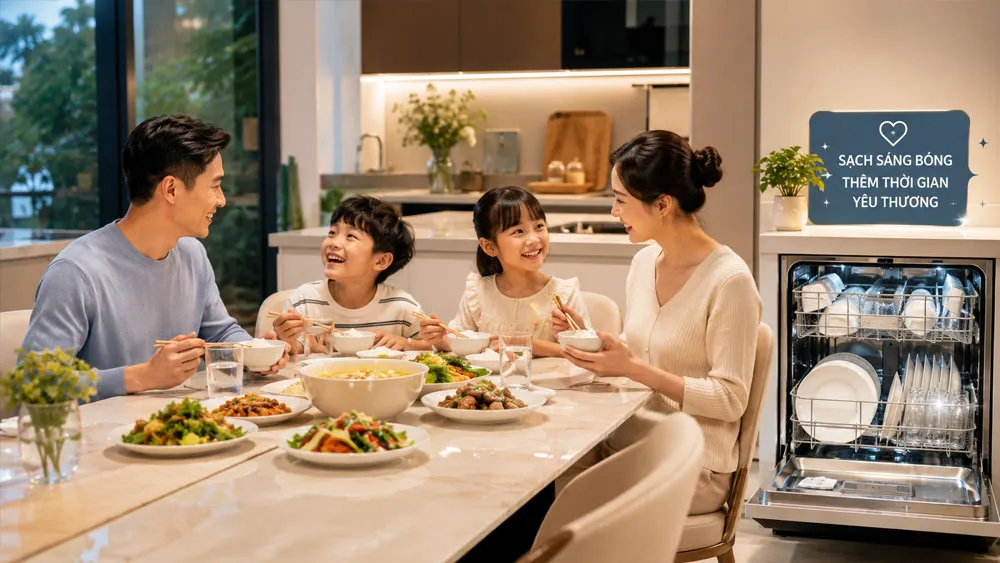 Gia đình thưởng thức bữa ăn với bát đĩa sạch sáng bóng từ máy rửa bát