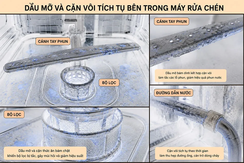Dầu mỡ và cặn vôi bên trong máy rửa chén