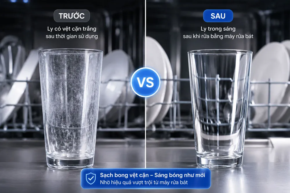 So sánh ly có cặn trắng và ly sạch bóng sau khi rửa máy