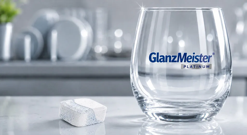Cận cảnh viên rửa bát GlanzMeister Platinum bên cạnh ly thủy tinh sáng bóng cao cấp
