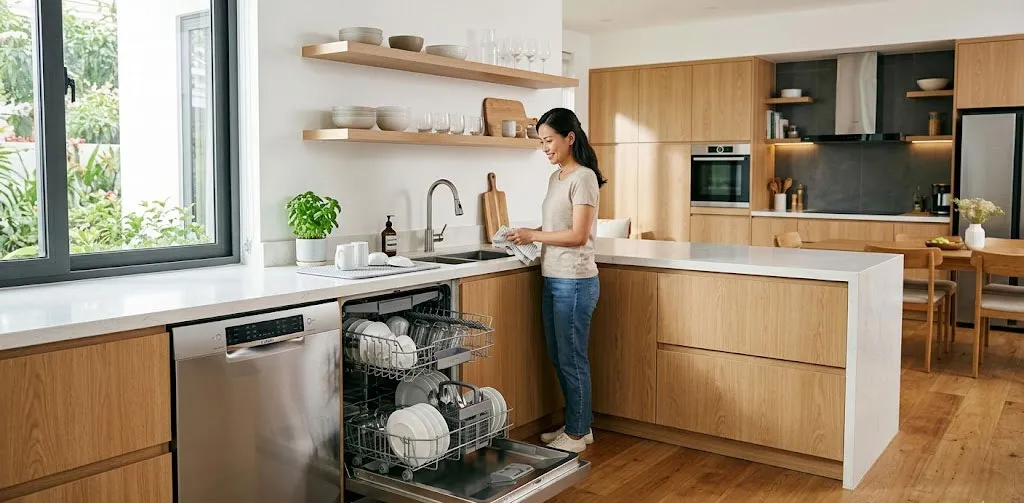 Không gian bếp sang trọng với máy rửa chén sạch và gọn gàng