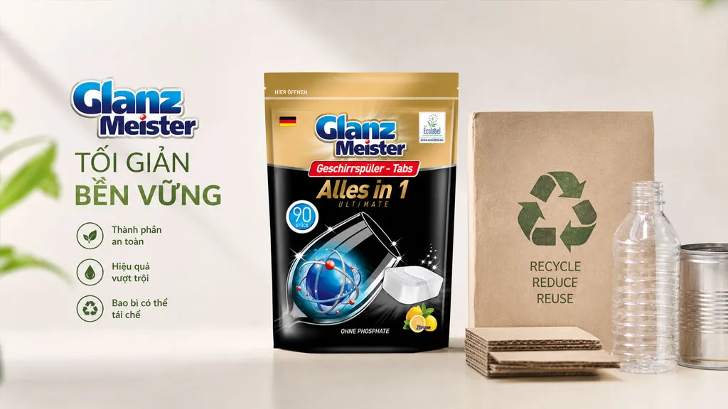 Bao bì Glanz Meister thân thiện môi trường đặt cạnh vật liệu tái chế