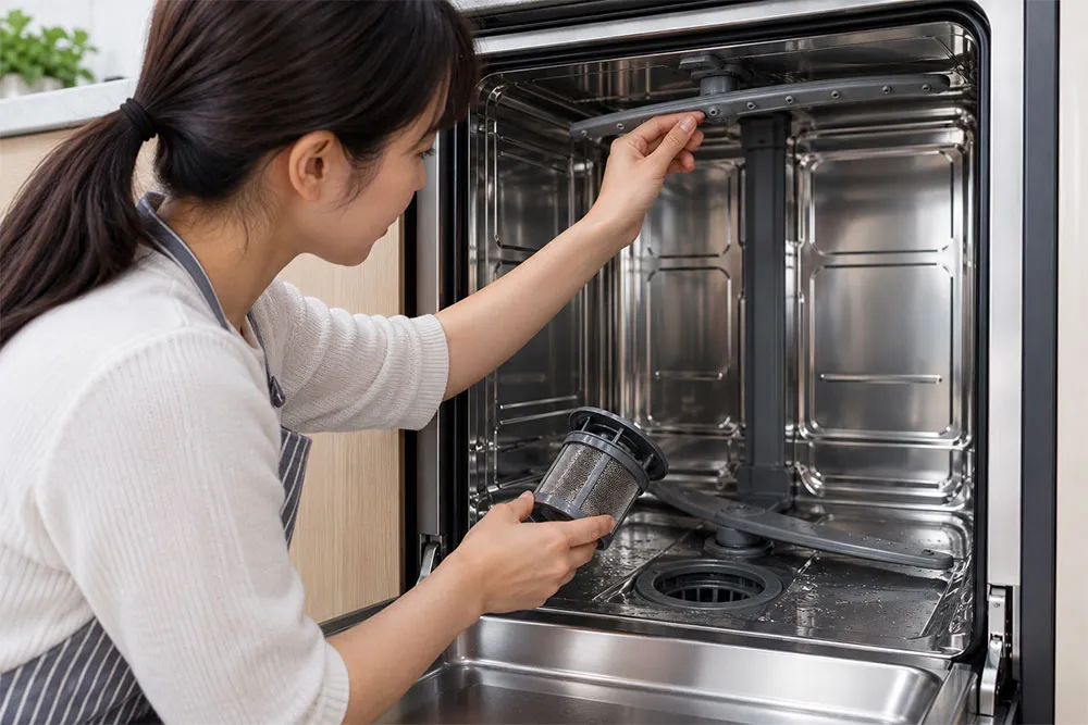 Vệ sinh bộ lọc và cánh tay phun của máy rửa bát