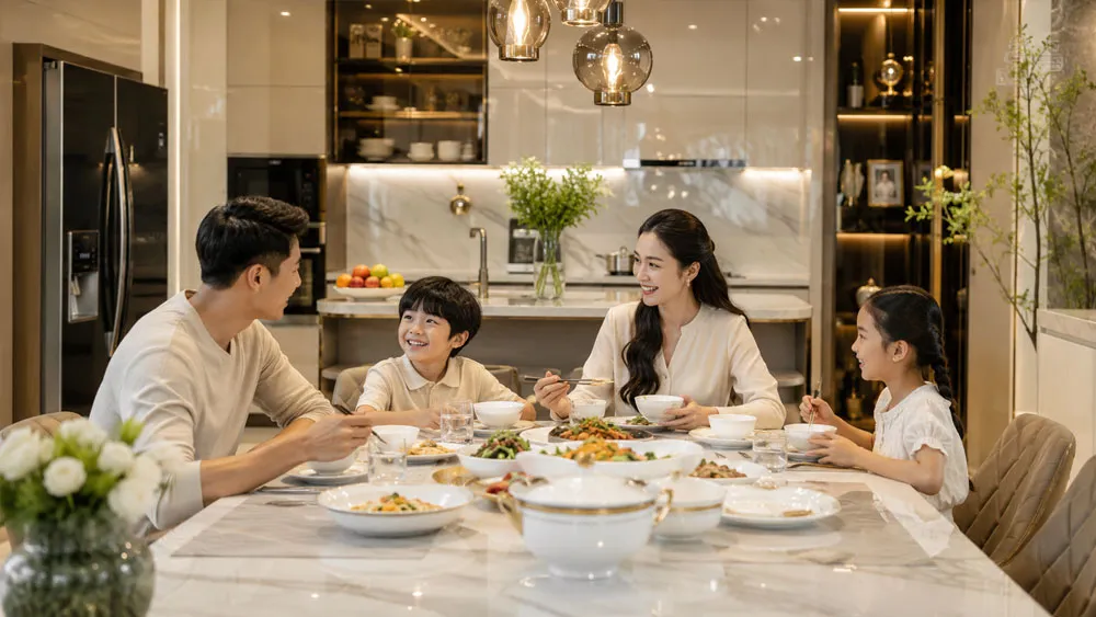 Gia đình dùng bữa với chén đĩa sạch sáng trong căn bếp cao cấp