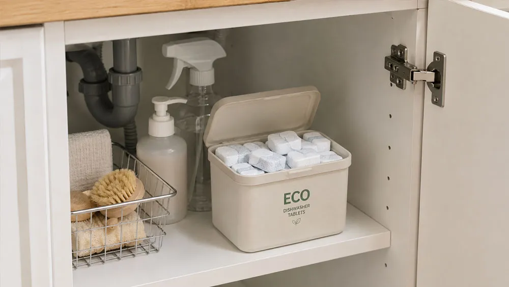 Bảo quản viên rửa bát Eco trong hộp kín tại khu vực khô ráo