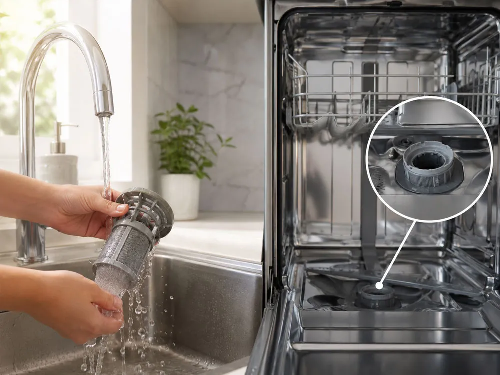 Vệ sinh bộ lọc máy rửa bát để loại bỏ mùi hôi